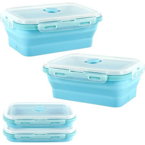 2 Pièces Lunch Box Boite Repas Silicone Boîte à Lunch Pliante 800ml Boite a Lunchbox Micro Ondable avec Couvercles, Pliables Bento Lunch Box pour Bureau, École, Pique-Nique, Camping (Bleu) (1/5)