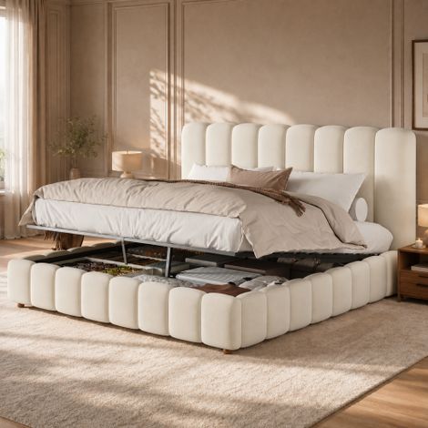 Lit capitonné, lit double, 180 x 200 cm, sommier à lattes, tête de lit rembourrée, grand espace de rangement, beige, velours (1/5)