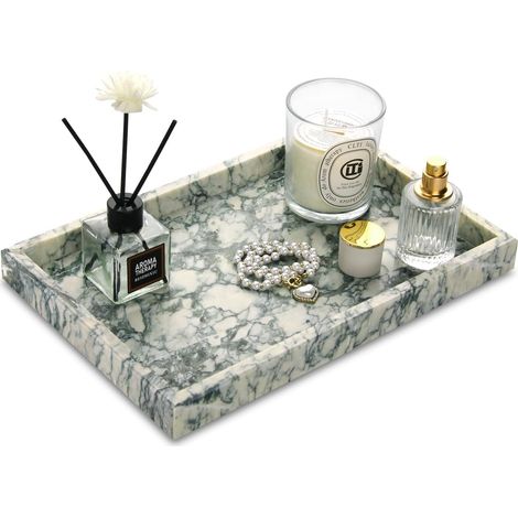 1 Plateau Marbre Naturel 30x20x3cm Texture Verte Décoratif Salle De Bain Cuisine Bijoux