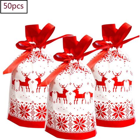 Sac Cadeau À Cordon De Noël - 23,5 x 15 cm - Imprimé Arbre De Noël Renne Et Texte Merry Christmas - En Plastique Robuste - Lot De 50 (1/5)