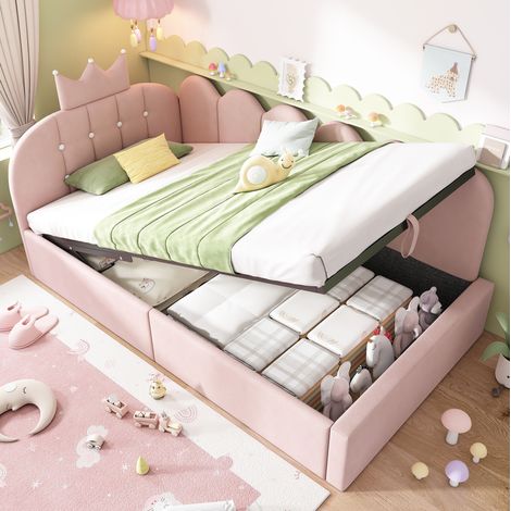 Cama de día acolchada 90x190 cm de terciopelo rosa con arcón y diseño corona (1/5)