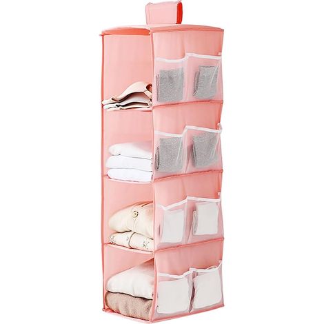 Étagère de rangement suspendue, étagère de rangement suspendue à 4 compartiments avec 12 poches latérales en filet, convient aux armoires et aux chambres à coucher, pliable, taille universelle - 3022, (1/5)