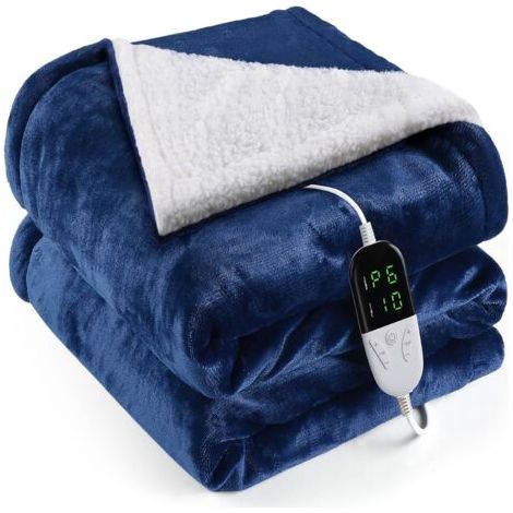 Couverture Chauffante Flanelle 155x180cm, Plaid Chauffant avec 6 Niveaux de Dhaleur, Minuterie 10H, Chaleur Rapide, Protection Contre la Surchauffe, Affichage LED, Lavable en Machine(Bleu)