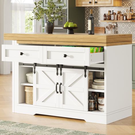 Mueble de cocina 2 en 1 con mesa extensible, blanco, MDF HAVRYA (1/5)