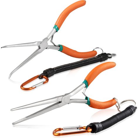 Lot de 2 pinces à bec aiguille avec pointes incurvées, poignée incurvée, pince à bec extra long avec pointes droites, cordon anti-perte et mâchoire dentelée pour espaces étroits (1/5)