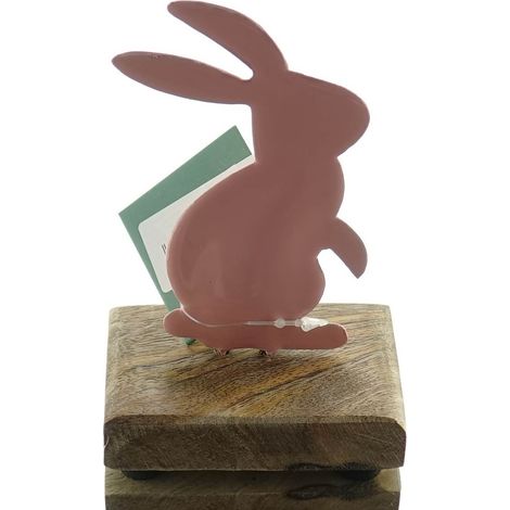 Kaemingk – Lapin de Pâques rose sur socle en bois, 11 cm – Métal et bois