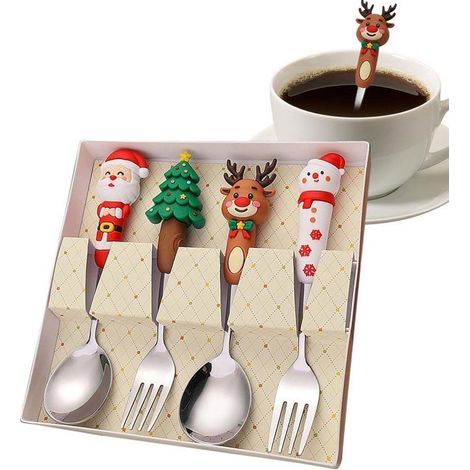 Lot de 4 couverts de Noël, cuillère et fourchette en acier inoxydable, motifs festifs, pour repas de fête et famille