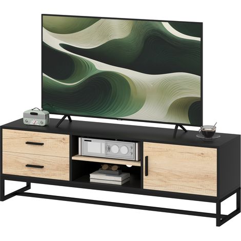 Meuble TV Meuble TV avec porte, 2 tiroirs, compartiments ouverts, étagère réglable, noir (1/5)
