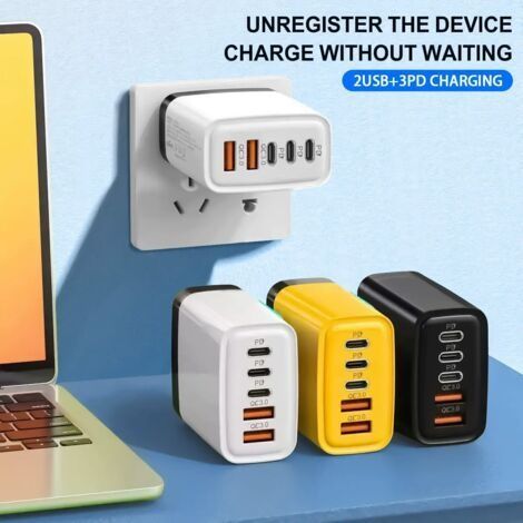 240-W-Ladegerät mit 5 Anschlüssen (2 USB + 3 PD) – 2er-Pack – Weiß/Gelb – Kompatibel mit iPhone und Huawei (1/4)