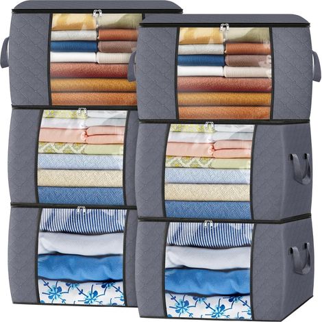Lot de 6 sacs de rangement pliables (90 L) pour ranger chambres, armoires, vêtements et couettes, gris