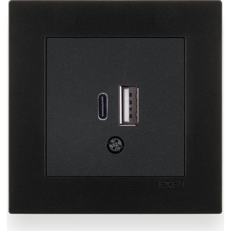 Prise double USB Type C + Type A noir métallisé – ensemble complet avec plaque – 277/14E EXEN