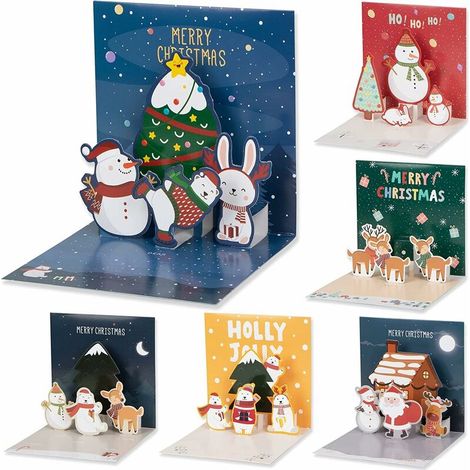 Lot de 6 cartes de Noël 3D - Cartes de vœux 3D - Avec enveloppe, papier pop-up de qualité supérieure - Pour la famille, les amis, les vœux de Noël,- Lefou (1/5)
