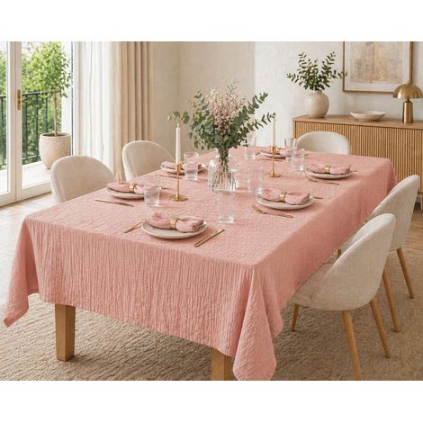 Nappe rectangle 150 x 350 cm + 6 serviettes de table – Double gaze de coton GAÏA Rose Pêche