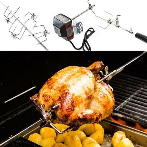 Broche BBQ 110cm 230V Acier fin 2x Fourches à viande Masselotte Équilibre Grillade Tournebroche Rôtisserie Barbecue Accessoire cuisine Légumes (1/5)