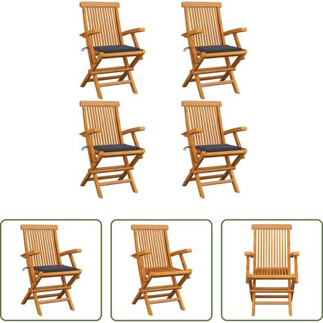 Chaises de jardin pliables - Chaises de jardin et coussins anthracite lot de 4 Bois de teck (1/5)