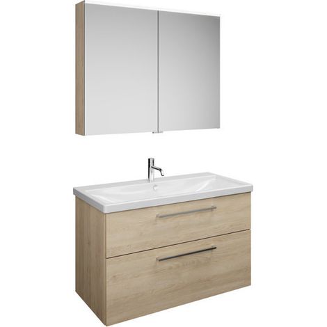 Burgbad Eqio Badmöbel-Set, mit Keramikwaschtisch + Unterschrank und Spiegelschrank, mit Stangengriff Eiche Dekor Cashmere/Alpinweiss 103 cm