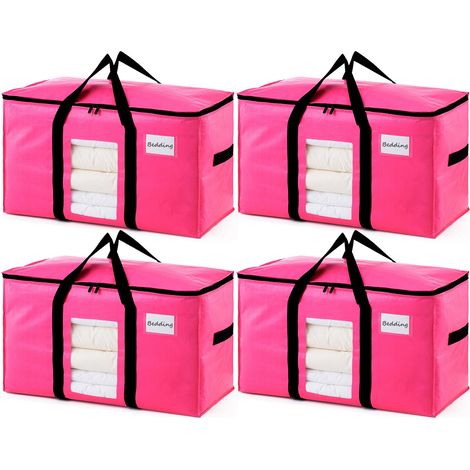 Sacs de Rangement Robustes avec Couvercle et poignées renforcées, Extra Larges,Cartons de déménagement pour vêtements, Voyage, Sacs de déménagement (Rose rouge, Lot de 4) (1/5)