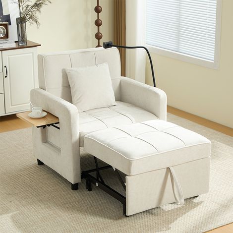 Fauteuil Convertible Chenille Beige – Lit 1 Personne, 5 Positions Réglables, Tablette + Poches, Coussins Inclus, Sans Montage