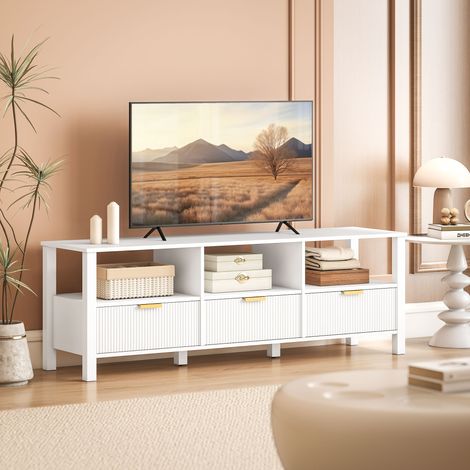 152 cm hoher TV-Ständer, TV-Möbel für 65-Zoll-Fernseher mit 3 Schubladen und 3 offenen Regalfächern, 152 x 39,5 x 50 cm, weiß