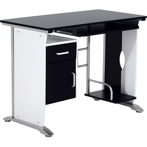 Bureau d'ordinateur avec étagères, tiroirs et placards, en MDF et fer forgé, 100x52x75 cm, blanc et noir. (1/5)