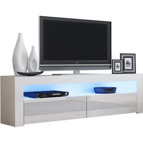 Dusine – Meuble TV Savelli LED blanc mat – Dimensions 157 cm x 50 cm x 35 cm – Mélamine 18 mm et façades laquées – Lumières LED incluses (1/3)