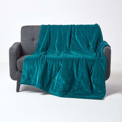 HOMESCAPES Teal Green Velvet Quilted Throw, 150 x 200 cm