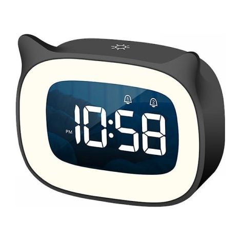 Réveil enfant avec veilleuse à intensité variable, horloge numérique mignonne à oreilles de chat pour garçons et filles, alarme 5 minutes (noir) (1/4)