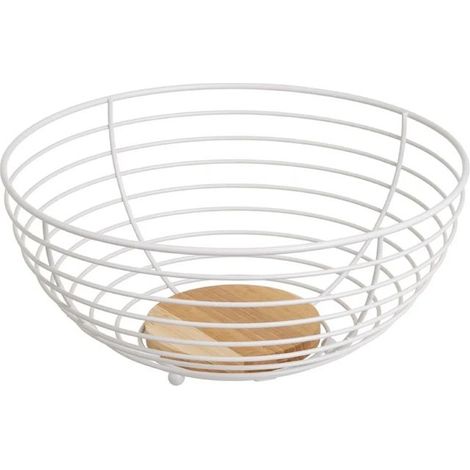Corbeille à fruits ronde - JUANIO - 29 x 29 x 13 cm - Métal revêtu + socle bois - Blanc - 0,6 kg (1/3)