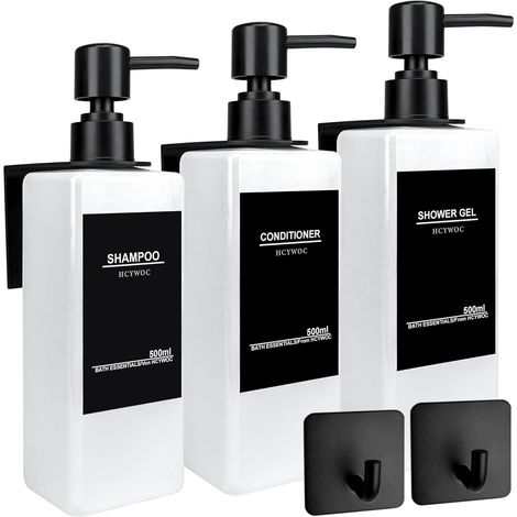 3 Pièces Distributeur Savon Mural sans Percage, Distributeur de Savon Mural avec 32 Étiquettes Imperméables, 500ml Distributeur Gel Douche Mural, Distributeur Savon Salle de Bain, Blanc Noir'Flacon Bl