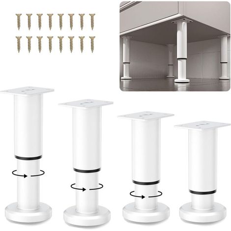 4 patas ajustables para muebles, de acero inoxidable, ajustables de 8 a 12 cm. Ideales para mesas, sofás, armarios y camas (blancas).