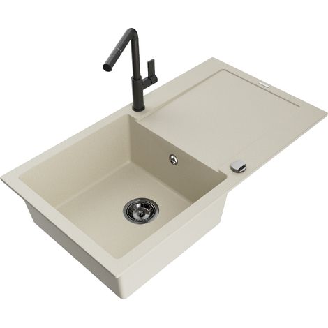 Mexen Leo évier en granit 1 bac avec égouttoir et robinet de cuisine Flora, beige - 6501-69-670401-70-B (1/5)