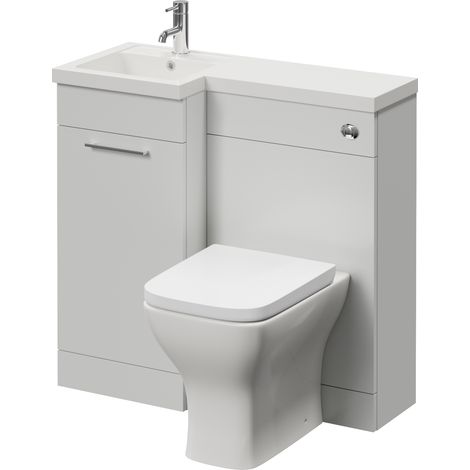 Napoli 390 Gloss Grey Pearl 900mm Single Door Vanity Unit Toilet Suite with Left Hand Square Lucia Basin - 900mm - Chrome 160mm HandleWith Kingston Toilet Pan and Seat