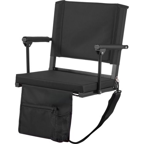 Siège de gradin portable avec accoudoirs, dossier et coussin épais, chaise de tribune avec sangle d’épaule, crochets, porte-gobelet, noir, pour match de football, 1 pièce (1/5)