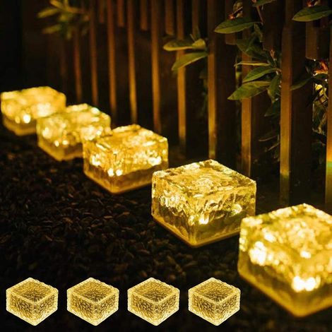 4 PièCes Chemins Solaire LumièRe de Brique,Solaires En Verre PavéS éClairage,LumièRes Solaires de Cube de Glace,éTanche Lampe Solaire Sol,Pour Terrasse Pelouse Route Pont Escalier(Couleur chaude) (1/5)