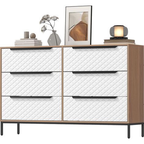 Commode 6 tiroirs tissu motif diamant Dresser Naturel Blanc Salon Bureau