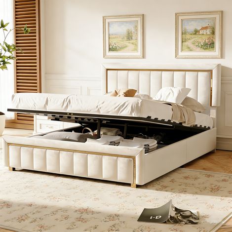 Lit coffre adulte 140x190 cm - Lit rembourré avec sommier à lattes et espace de rangement hydraulique - 2 Personnes - Velours beige (1/5)