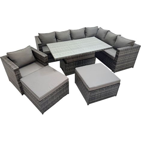 Fimous 9 Seater Rattan Height Adjustable Rising Lifting Table Corner Sofa Sets with Chair 2 Big Stools Dark Grey Mixed (1/5)