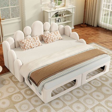 Schlafsofa mit integriertem Haustierbett, 2-in-1 Multifunktionsbett 180x200 cm, Doppelbett ausziehbar mit Lattenrost und Rückenlehne, Samt Beige (1/5)