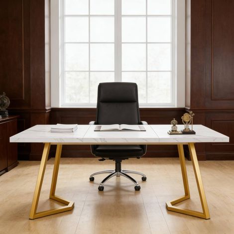 Bureau en bois d'ingenierie et metal blanc et or, style moderne, pieds reglables,140x80x75cm (1/5)