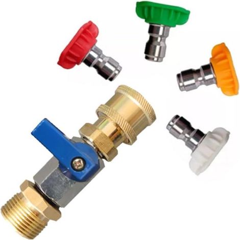 Adaptateur M22 avec interrupteur pour nettoyeur haute pression M22 14 mm mâle vers 15 mm femelle connecteur en laiton robuste 4500 PSI (buse bleue) (1/5)