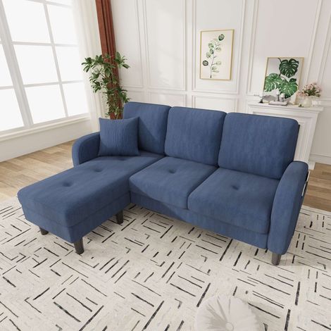 Canapé d’angle modulable 3 places bleu en velours côtelé, méridienne réversible gauche/droite, 166 x 118 x 77 cm (1/5)