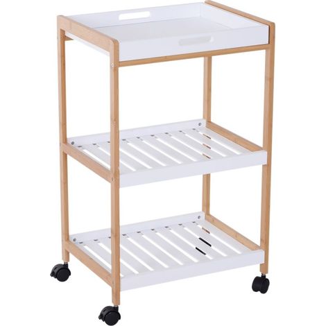 Chariot de service desserte de cuisine à roulettes 2 étagères + plateau amovible bois de pin MDF blanc (1/5)