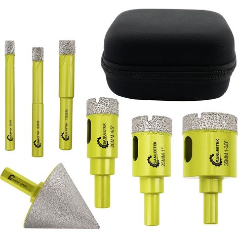 Foret Diamant Kit Trepan Carrelage - 7pcs (6/8/10/20/25/35mm+50mm Queue Hexagonale Mèches de Chanfrein) avec Tige Ronde pour Carrelage Céramique Porcelaine Marbre Granit (1/5)