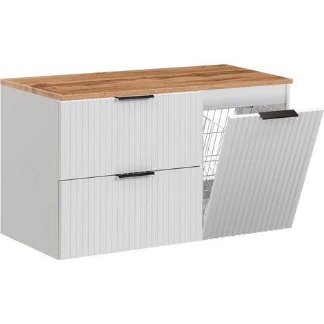 Furnidea - Meuble suspendu sous vasque ADEL BLANC 100 cm avec panier à linge et plan chêne - 2 tiroirs - Façades rainurées (1/5)