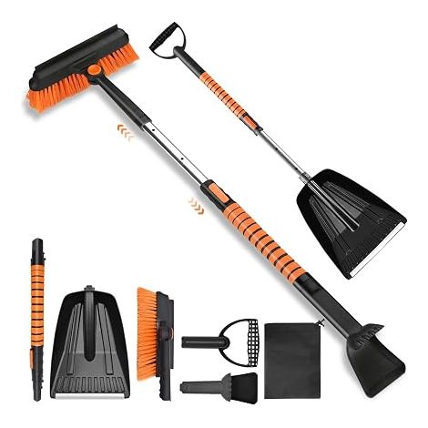 4 in 1 Car Windscreen Scraper with Snow Shovel, Brush and Squeegee, Extendable Ice Scraper with Broom, Frost Scraper Windshield Window for Car Trucks, SUV, Orange (1/5)