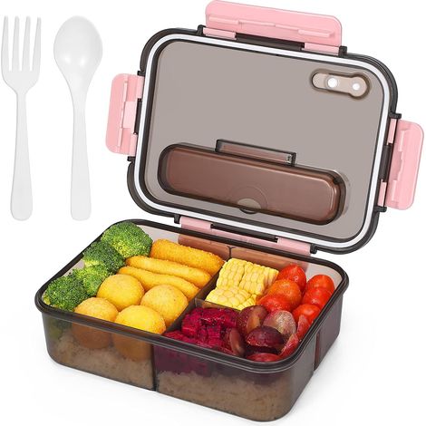 Boîte À Bento - 1500 ml - 3 Compartiments - Étanche - Avec Cuillère Et Fourchette - Rose (1/5)