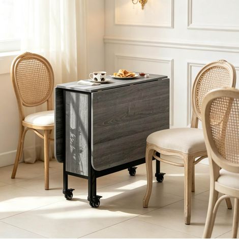Table à manger pliante grise avec plateau extensible et roulettes, rangement intégré, Modenuit (1/5)
