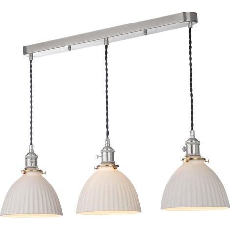 Dar Hadano Suspension Hadano à 3 barres lumineuses, finition chrome antique et abat-jour en céramique. (1/3)