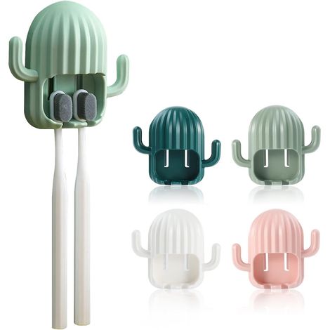 Soporte para cepillos de dientes, soporte de pared para cepillos de dientes, organizador de cepillos de dientes con forma de cactus de 4 piezas con 2 orificios, no requiere perforación, soporte autoad (1/5)