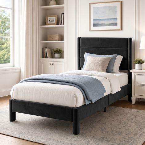 Cama Tapizada Individual 90x200 cm, Somier de Láminas, Carga Máxima 300 kg, Montaje Fácil, Terciopelo Negro (1/5)